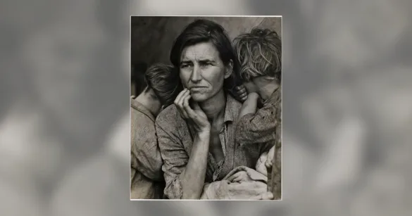 A black-and-white portrait of a woman with a worried expression, resting her chin on her hand, flanked by two children leaning against her shoulders.