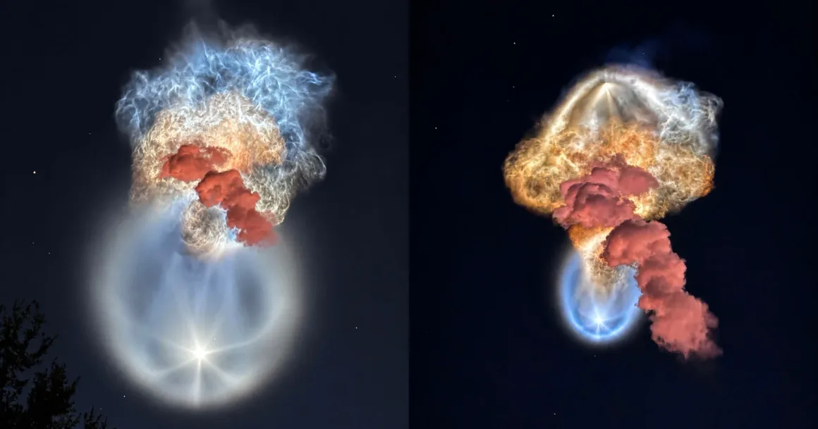 NASA’nın “Uzay Denizanası” Fotoğrafları Gökyüzünü Aydınlattı 1 NASA’nın Uzay Denizanası Fotoğrafları Gökyüzünü Aydınlattı
Gece gökyüzünde bir roket fırlatmasının egzoz bulutunu gösteren iki yan yana görüntüde mavi, turuncu ve kırmızı tonlarda parlayan izler görülüyor.