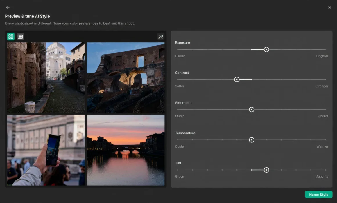 Pixieset Photo Editor: Yapay Zekâ ile Seçimden Teslime Tek İş Akışı 24 Pixieset AI Style düzenleme ekranında solda dört örnek fotoğraf, sağda pozlama, kontrast, doygunluk, sıcaklık ve tint ayarları görülüyor.