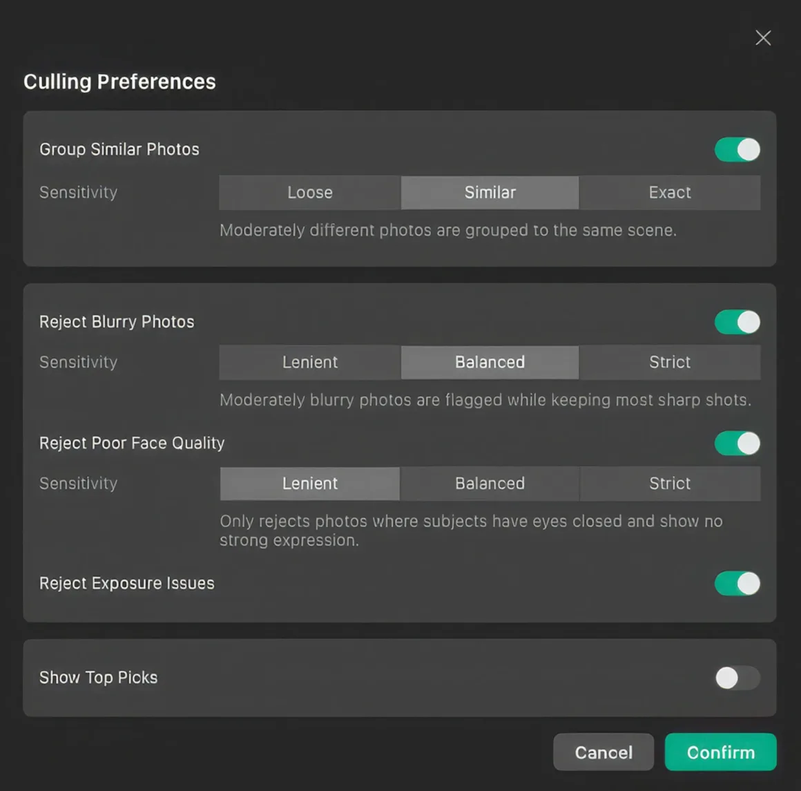 Pixieset Photo Editor: Yapay Zekâ ile Seçimden Teslime Tek İş Akışı 21 Pixieset Photo Editor Culling Preferences menüsünde benzer fotoğrafları gruplama, bulanık görüntüleri, düşük yüz kalitesini ve pozlama sorunlarını reddetme ile Top Picks gösterme seçenekleri görülüyor.
