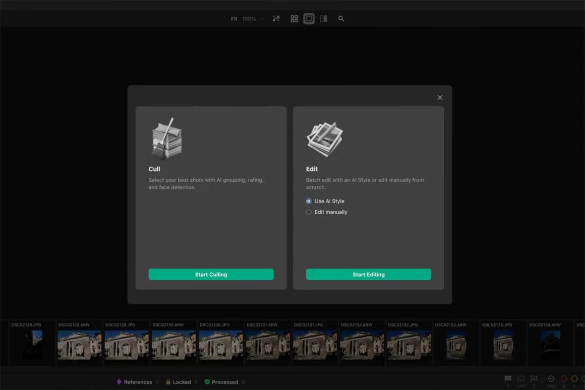 Pixieset Photo Editor: Yapay Zekâ ile Seçimden Teslime Tek İş Akışı 19 Pixieset Photo Editor arayüzünde Cull ve Edit seçenekleri, Start Culling, Use AI Style, Edit manually ve Start Editing kontrolleri görülüyor.