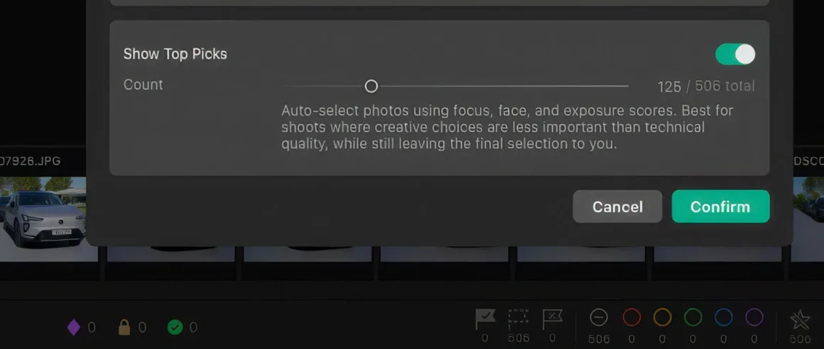 Pixieset Photo Editor: Yapay Zekâ ile Seçimden Teslime Tek İş Akışı 22 Show Top Picks penceresinde toplam 506 fotoğraftan 125 tanesini seçmek üzere ayarlanmış kaydırıcı ve otomatik seçim açıklaması görülüyor.