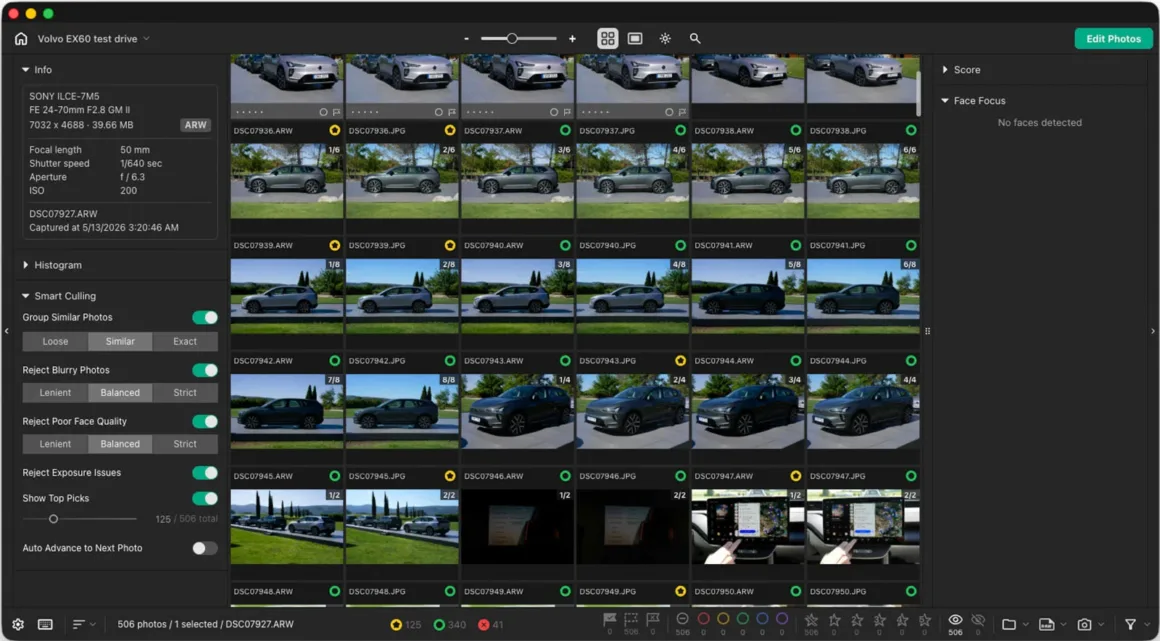 Pixieset Photo Editor: Yapay Zekâ ile Seçimden Teslime Tek İş Akışı 23 Pixieset Photo Editor arayüzünde farklı dış ve iç mekânlarda çekilmiş Volvo EX60 fotoğrafları, metadata ve fotoğraf seçimi araçlarıyla birlikte görüntüleniyor.