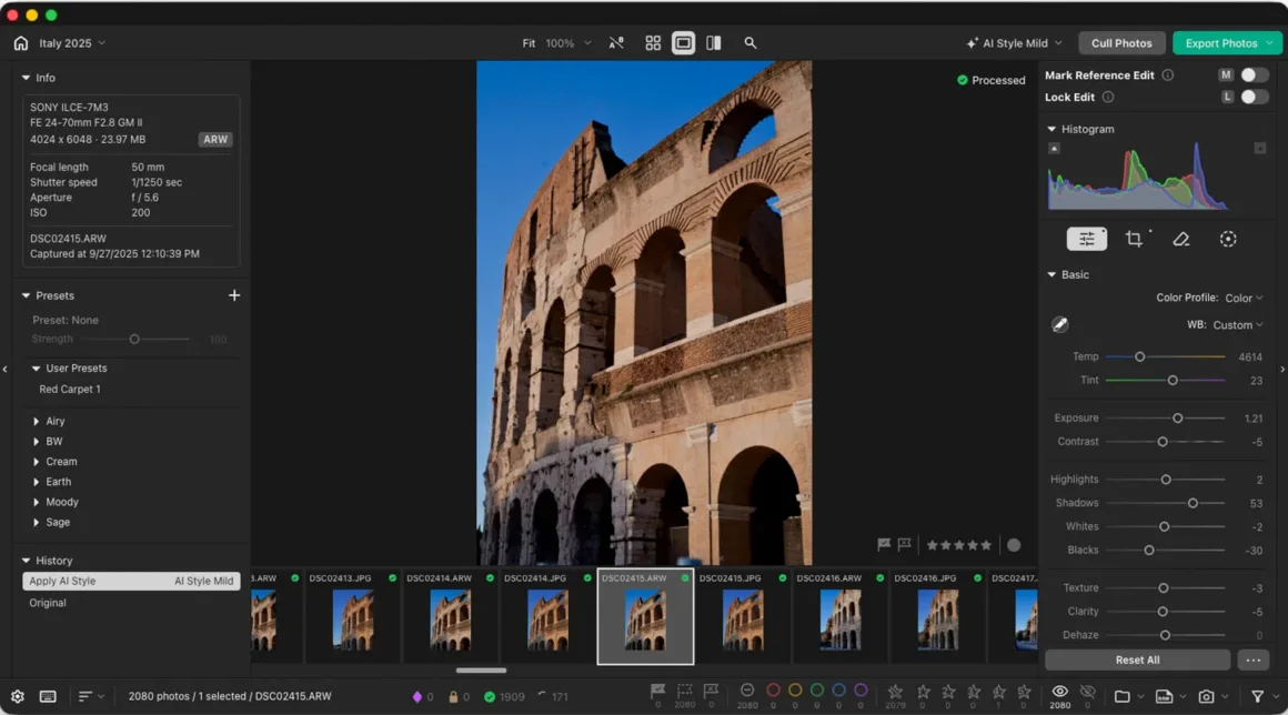 Pixieset Photo Editor: Yapay Zekâ ile Seçimden Teslime Tek İş Akışı 30 Pixieset Photo Editor arayüzünde Roma’daki Kolezyum’un RAW fotoğrafı, düzenleme kaydırıcıları ve metadata bilgileriyle birlikte görüntüleniyor.