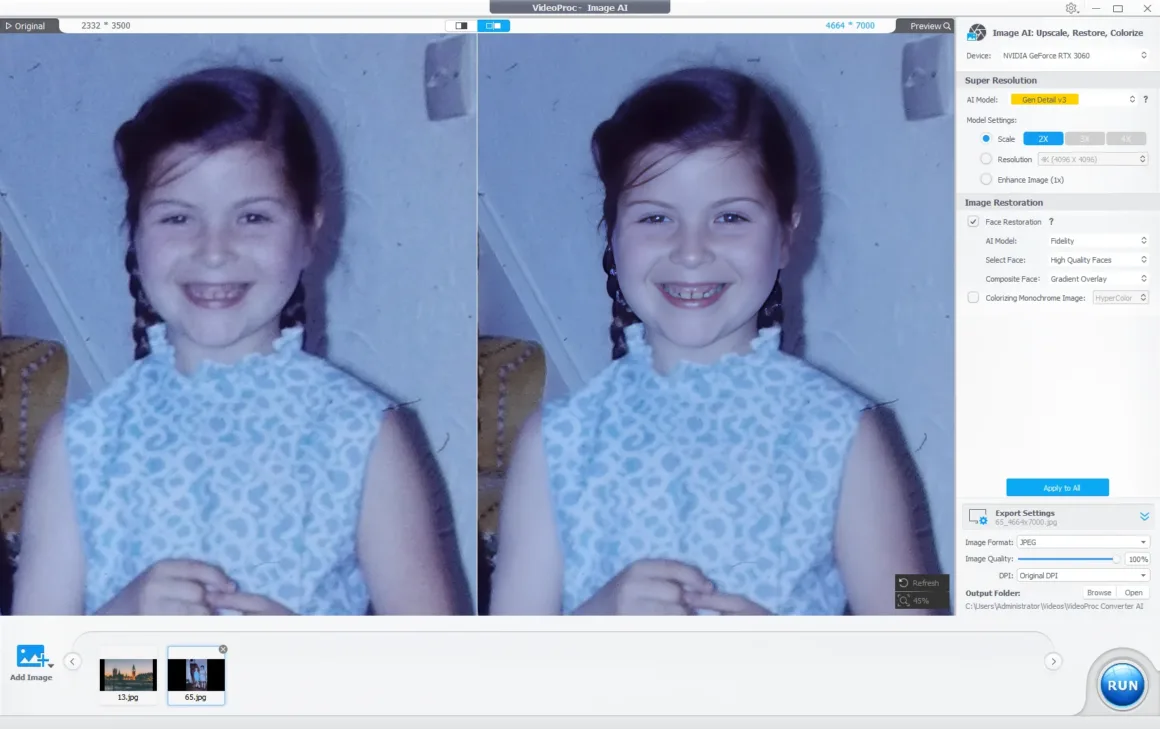VideoProc Image AI arayüzünde solda genç bir kızın bulanık orijinal fotoğrafı, sağda ise geliştirilmiş ve keskinleştirilmiş sürümü görülüyor.