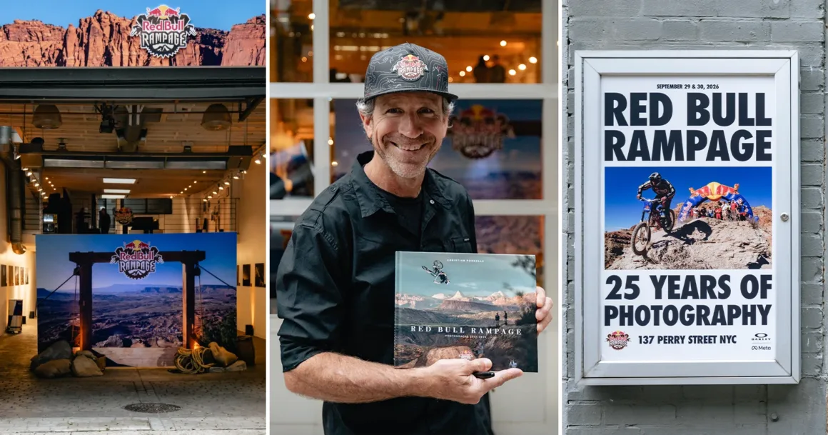 Uçurumun Kenarında Fotoğraf: Red Bull Rampage’in Görünmeyen Yüzü 18 Üç parçalı görüntüde Red Bull Rampage sergi alanı, etkinlik hakkında bir fotoğraf kitabı tutan bir adam ve New York'taki 25. yıl sergisini duyuran afiş görülüyor.