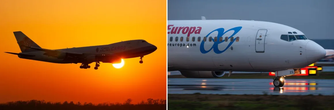 Hızı Fotoğrafa Dönüştürmek: Simone Marulli’nin Uçak Kareleri 20 Solda parlak turuncu gün batımında siluet hâlinde bir China Airlines kargo uçağı, sağda ise ıslak pistte taksi yapan bir Air Europa uçağının burnu görülüyor.