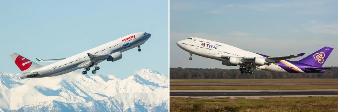 Hızı Fotoğrafa Dönüştürmek: Simone Marulli’nin Uçak Kareleri 29 Yan yana iki kalkış görüntüsü: solda karlı dağların önünde bir Eurofly Airbus A330, sağda pist üzerinde bir Thai Airways Boeing 747.