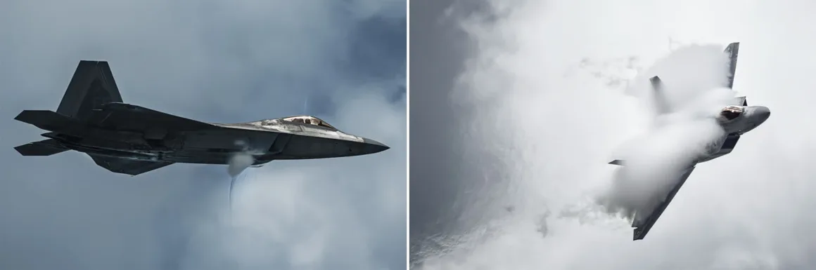 Hızı Fotoğrafa Dönüştürmek: Simone Marulli’nin Uçak Kareleri 27 Yan yana iki karede bir F-22 Raptor savaş uçağı, görünür buhar yoğuşmalarıyla bulutların arasında manevra yaparken görülüyor.
