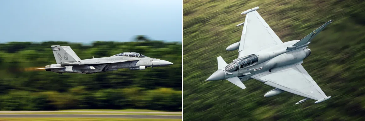 Hızı Fotoğrafa Dönüştürmek: Simone Marulli’nin Uçak Kareleri 26 Solda uçuş hâlindeki gri bir F/A-18 Super Hornet, sağda ise gri bir Eurofighter Typhoon yan yana görülüyor.
