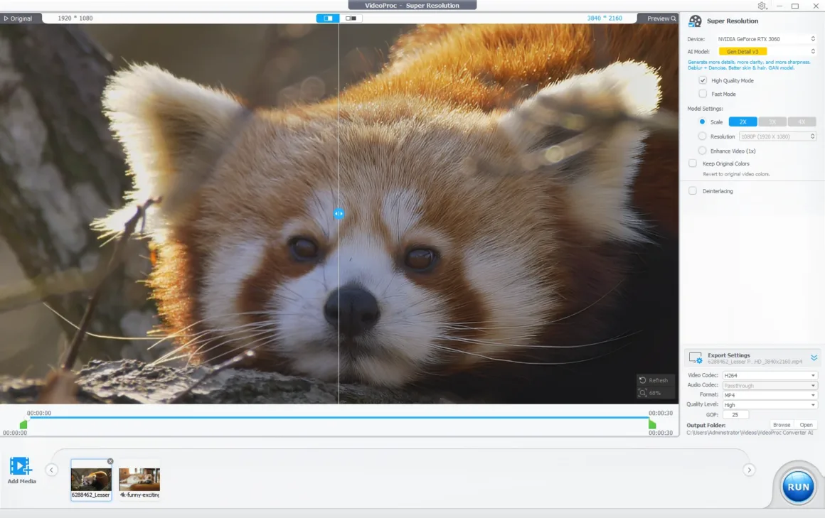 VideoProc Converter AI arayüzünde solda orijinal 1080p kırmızı panda görüntüsü, sağda ise 4K çözünürlüğe yükseltilmiş sürümü karşılaştırılıyor.