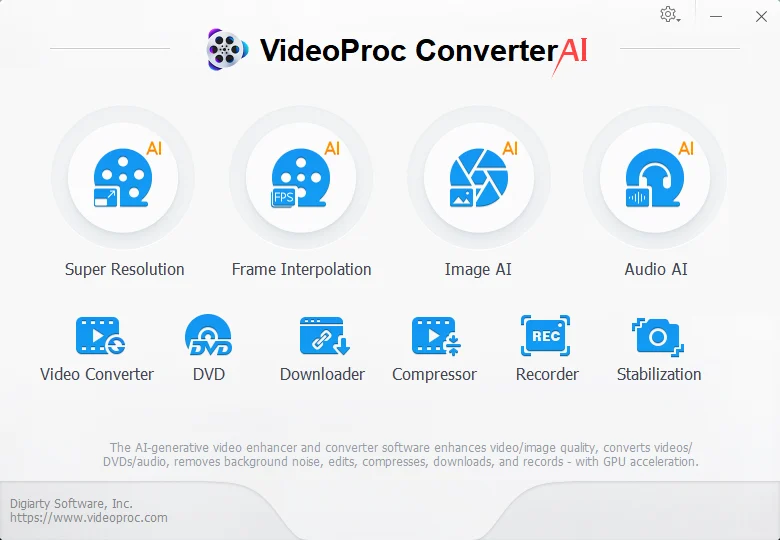 VideoProc Converter AI ana menüsünde yapay zekâ araçları, video dönüştürme, DVD, indirme, sıkıştırma, kayıt ve sabitleme seçenekleri görülüyor.