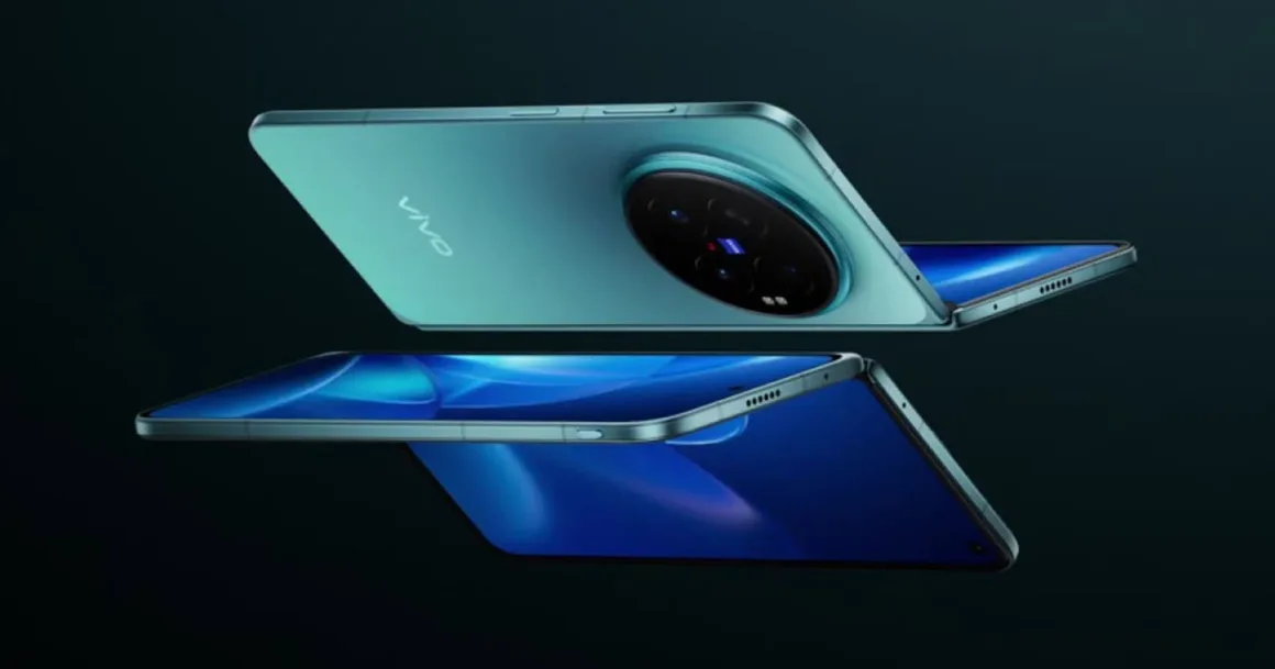 Vivo X Fold6: Katlanabilir Telefonda 200 MP Zeiss Kamera Sistemi
Koyu arka plan önünde iki turkuaz renkli akıllı telefon görülüyor; biri büyük dairesel kamera modülünü gösteren arka yüzüyle, diğeri ise açık ekranıyla görüntüleniyor.