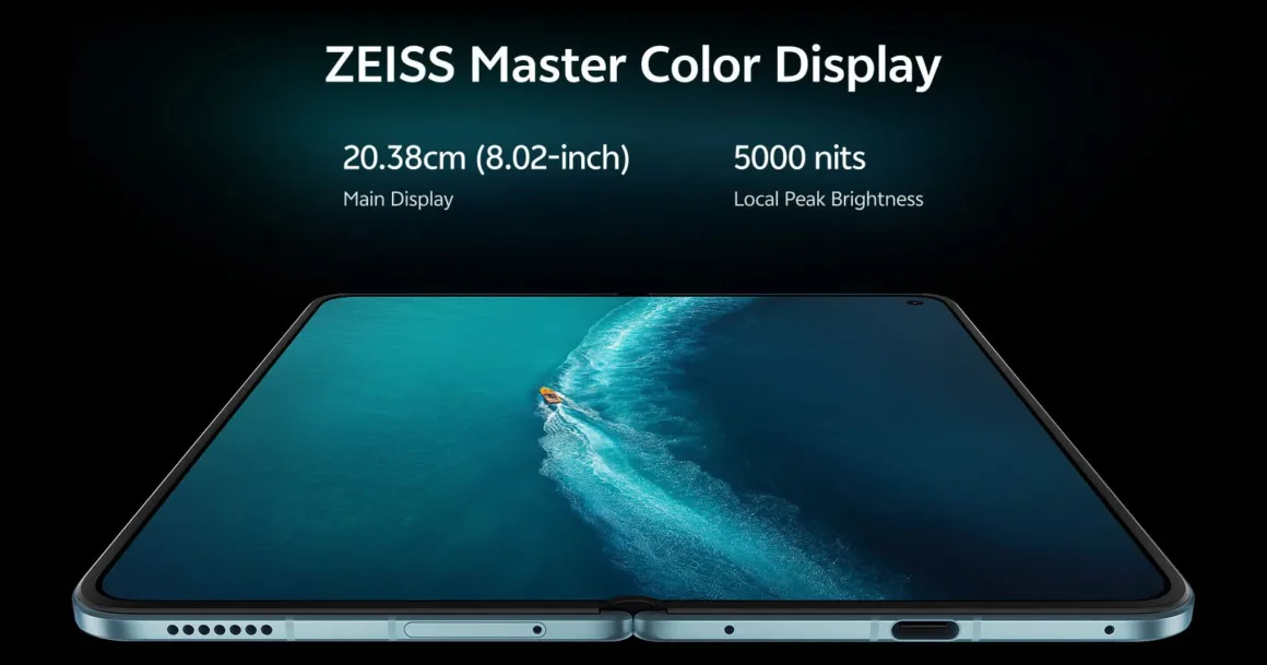 Vivo X Fold6: Katlanabilir Telefonda 200 MP Zeiss Kamera Sistemi 22 Açık haldeki katlanabilir telefonun ekranında mavi okyanus ve küçük bir tekne görülüyor; üzerinde ZEISS Master Color Display, 8,02 inç ana ekran ve 5.000 nit yerel tepe parlaklık bilgileri yer alıyor.