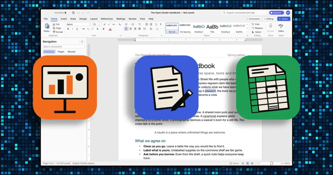 ArtCraft Bu Kez Microsoft Office’un Peşinde: WordCraft, GridCraft ve DeckCraft Geliyor
The Open Studio Handbook başlıklı bir Microsoft Word belgesinin üzerinde sunum, belge ve hesap tablosunu temsil eden üç simge yer alıyor.