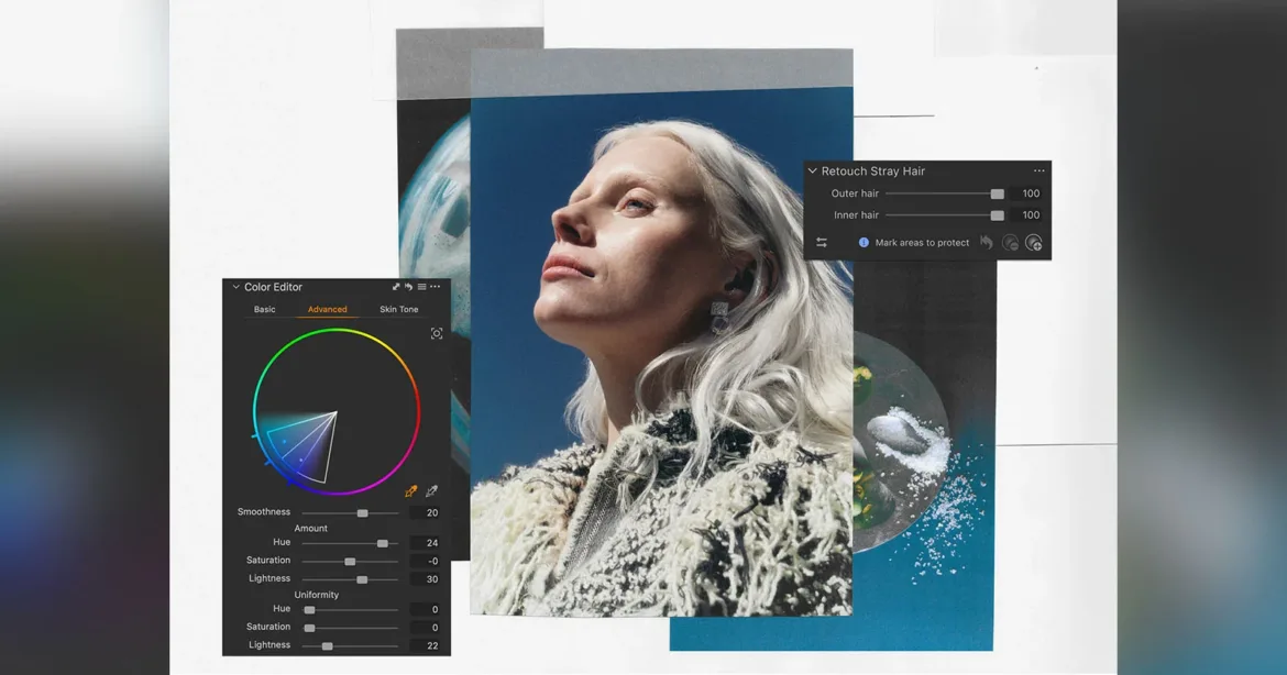 A portrait of a person with white hair is overlaid with two software editing panels, one for color adjustment and one for retouching stray hair.