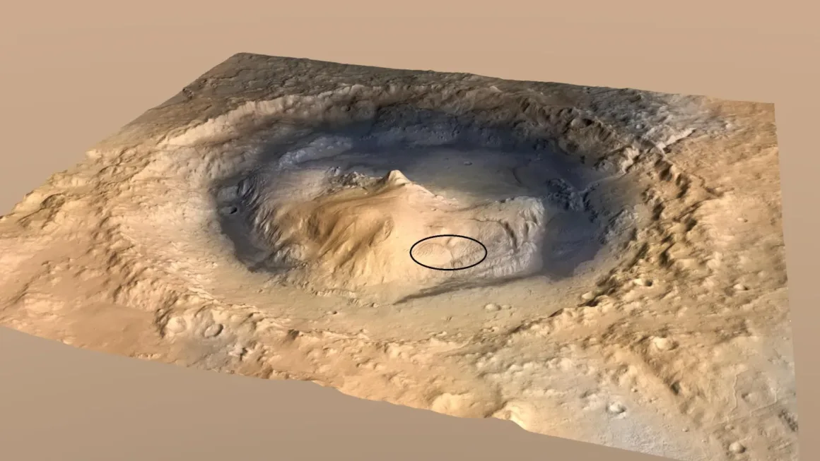 Curiosity’den Bir Çarpıcı Mars Karesi Daha: Gün Doğumunda Sharp Dağı 20 Merkezinde yüksek bir dağ bulunan Mars kraterinin üç boyutlu görünümü; dağın yamacında küçük oval bir alan işaretlenmiş.