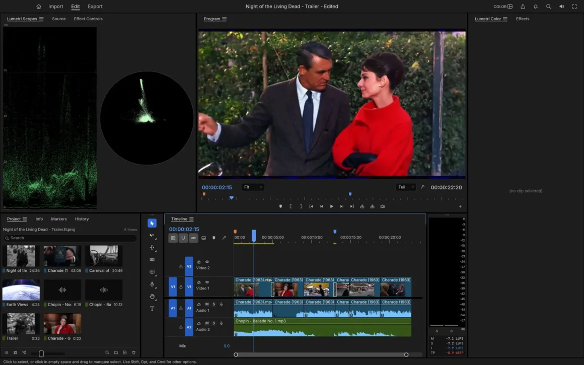 ArtCraft: Adobe Creative Cloud’a Açık Kaynak ve Ücretsiz Rakip 22 Adobe Premiere Pro benzeri video düzenleme arayüzünde Charade filminden klipler bulunan zaman çizelgesi ve Cary Grant ile Audrey Hepburn'ü gösteren önizleme penceresi görülüyor.