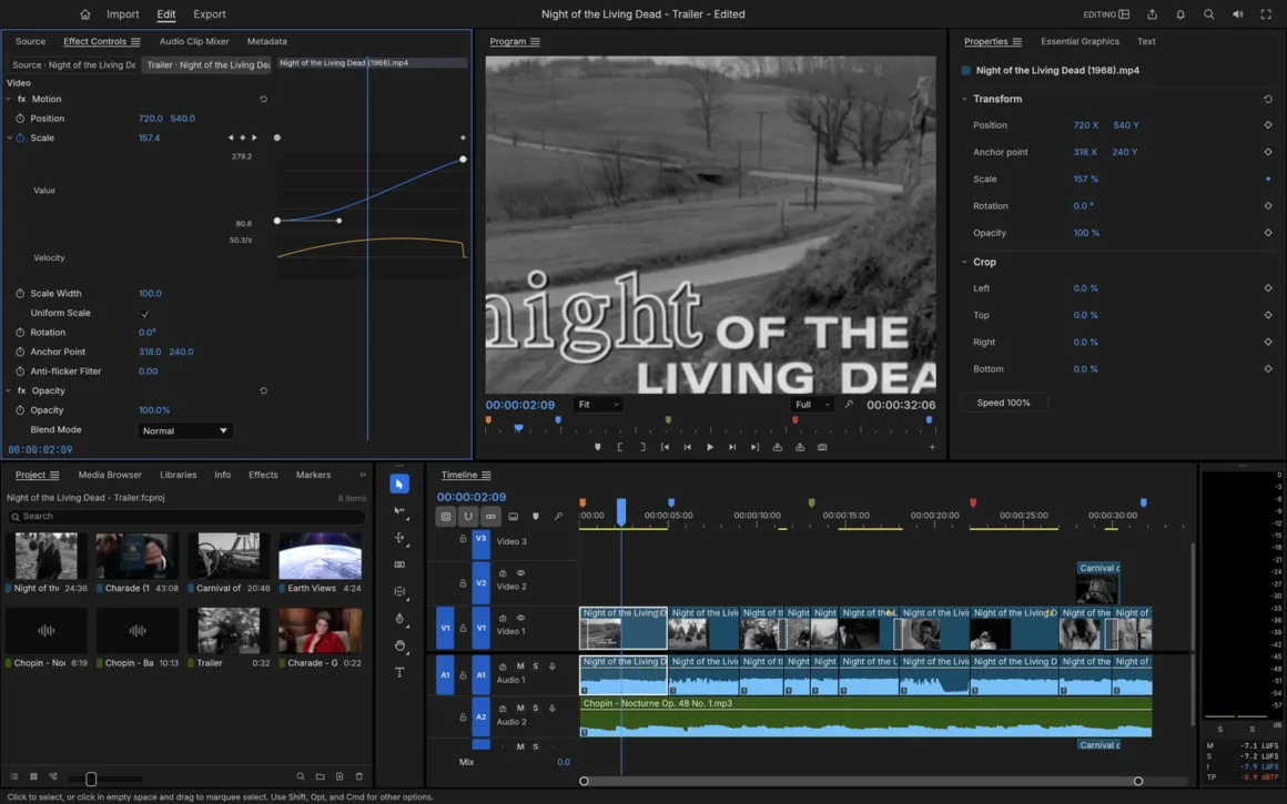 ArtCraft: Adobe Creative Cloud’a Açık Kaynak ve Ücretsiz Rakip 25 Premiere Pro benzeri video düzenleme arayüzünde birden fazla klibin yer aldığı zaman çizelgesi, siyah-beyaz bir film başlığını gösteren program monitörü ve çeşitli efekt kontrol panelleri bulunuyor.