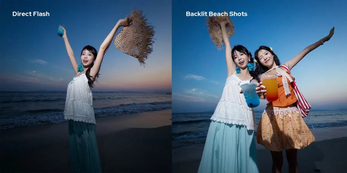 A side-by-side comparison of beach photography: the left shows a single woman using direct flash, and the right shows two women in a backlit setting.