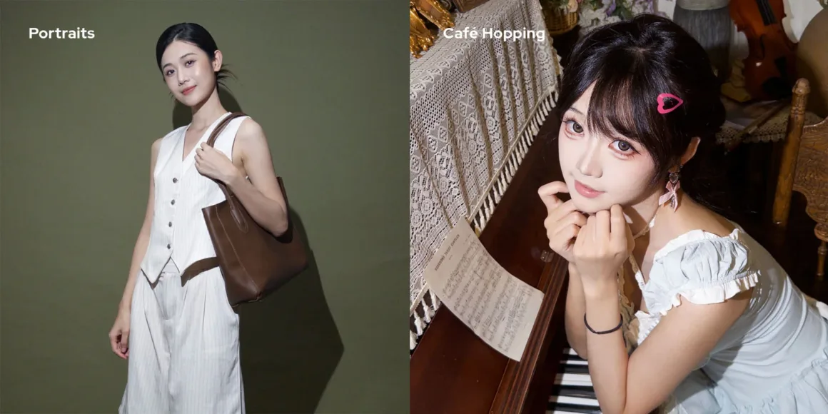 A split-screen image showing a woman in a white vest and trousers on the left, and a woman with a pink heart hair clip sitting at a piano on the right.