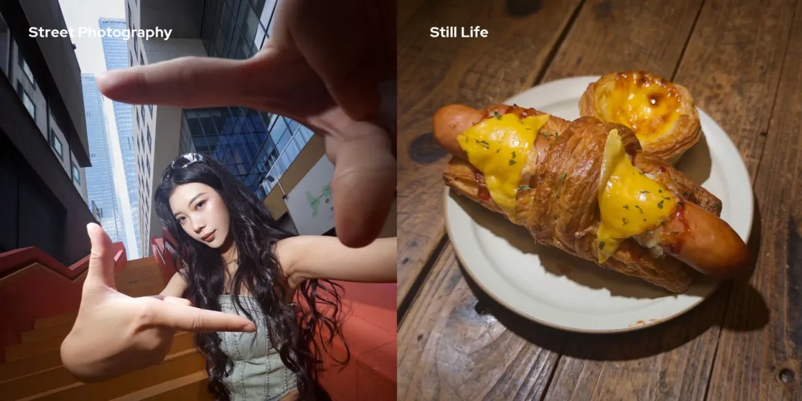 A split-screen image showing a woman framing a city view with her hands on the left and a sausage croissant with an egg tart on a plate on the right.