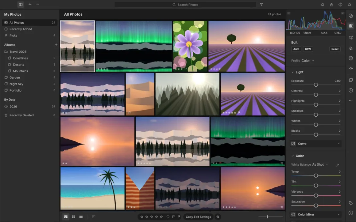 ArtCraft: Adobe Creative Cloud’a Açık Kaynak ve Ücretsiz Rakip 24 Fotoğraf düzenleme yazılımı arayüzünde manzara ve doğa fotoğraflarından oluşan bir ızgara ile yan tarafta düzenleme araçları ve fotoğraf kütüphanesi seçenekleri görülüyor.