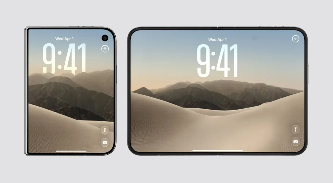 Apple iPhone Duo: İlk Katlanabilir iPhone 7,6 İnç Ekranla Geldi 19 Katlanabilir bir akıllı telefon hem kapalı ve dar formunda hem de açılmış geniş ekranlı halinde gösteriliyor; ekranda çöl manzarası bulunuyor.