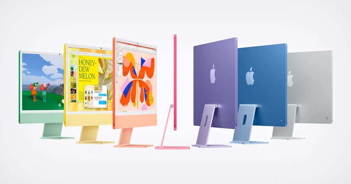 A row of seven colorful Apple iMac computers displayed from front, side, and back angles against a white background.