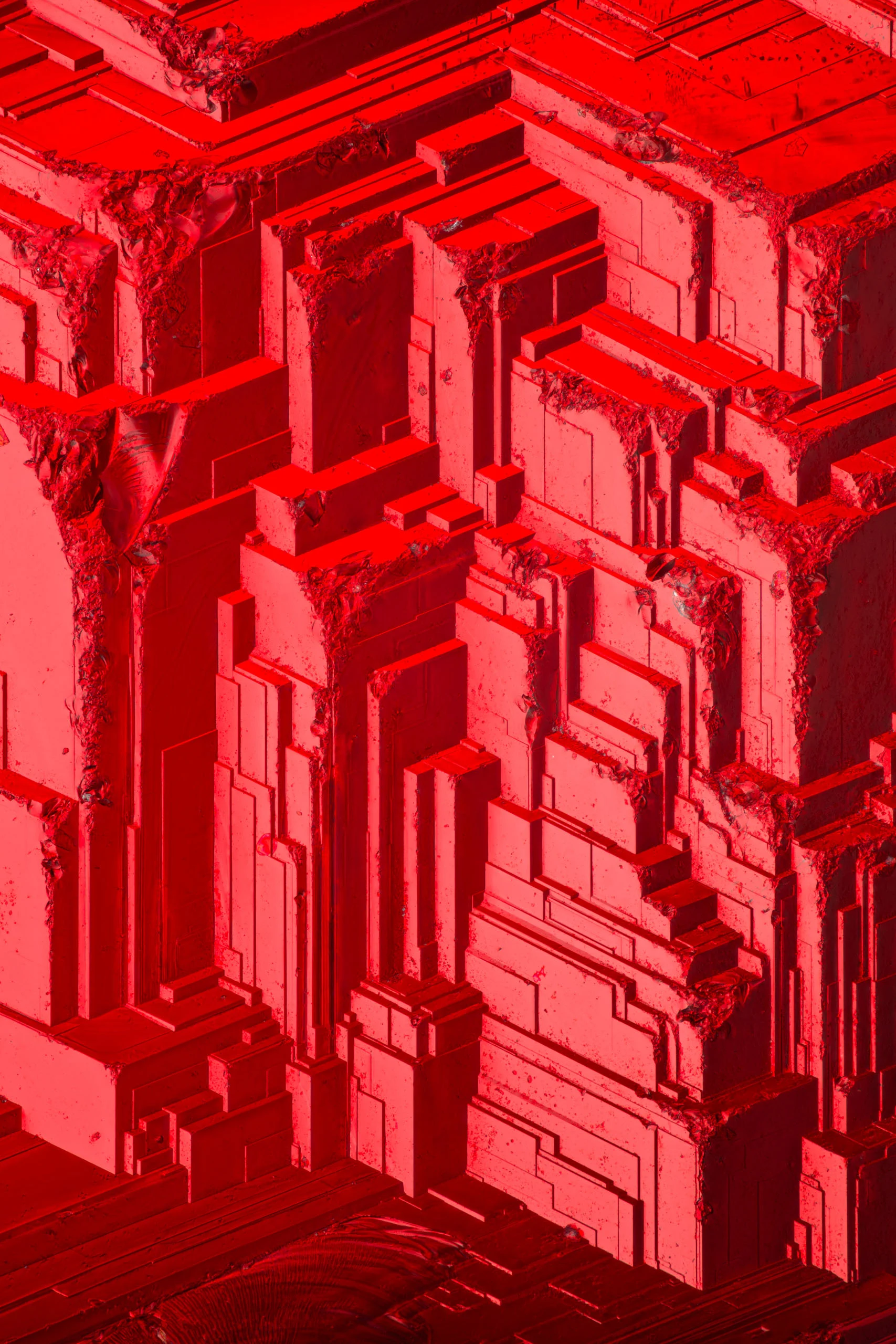 Nikon Small World 2026 Kazananları Açıklandı: Mikroskobik Dünyadan Büyüleyici Görüntüler 67 An abstract, monochromatic red digital render featuring a complex, geometric landscape of layered, blocky structures with weathered, eroded edges.