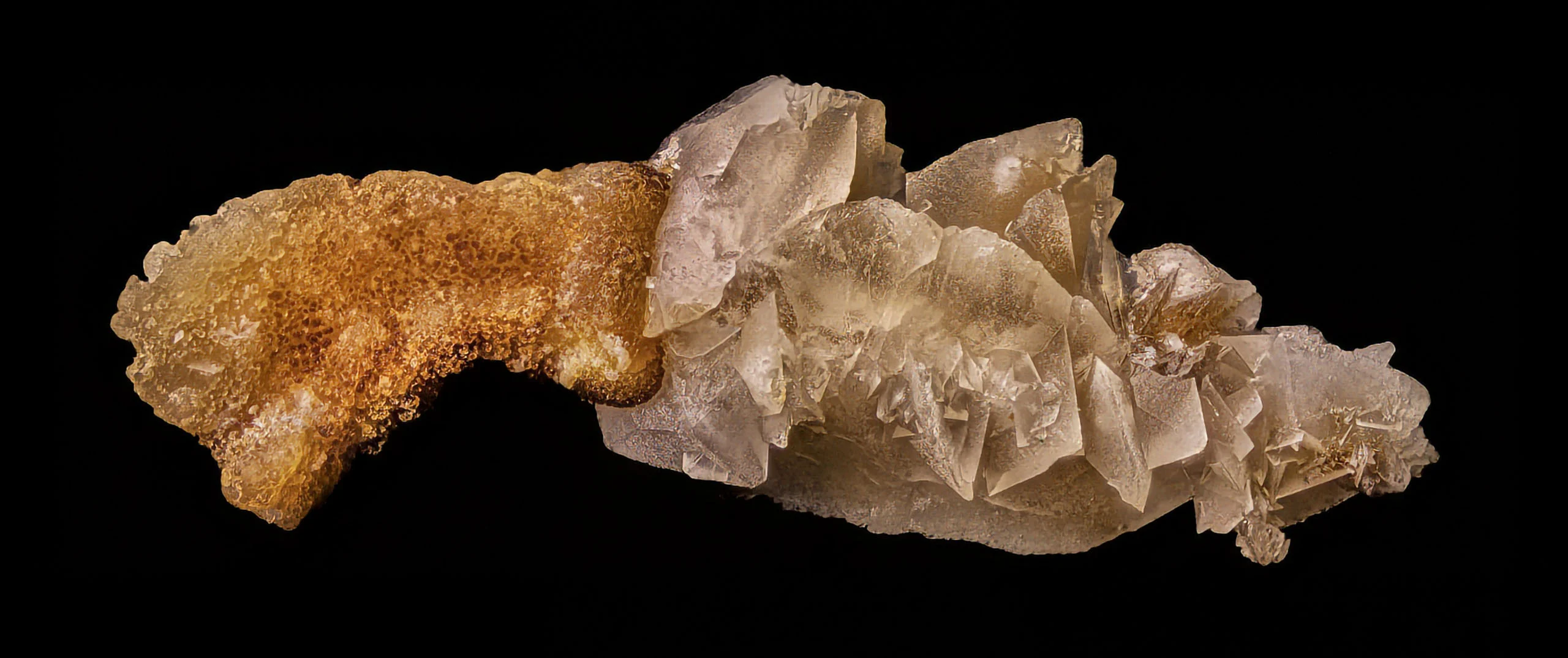 Nikon Small World 2026 Kazananları Açıklandı: Mikroskobik Dünyadan Büyüleyici Görüntüler 63 A mineral specimen featuring a textured, golden-brown, porous section attached to a cluster of translucent, crystalline, light-colored rhombohedral plates against a black background.