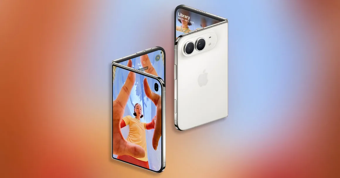 iPhone Duo’nun Kamera Tavizleri: Katlanabilir Tasarımın Bedeli
Gradyan arka plan önünde iki beyaz katlanabilir akıllı telefon görülüyor; birinin iç ekranında kadraj oluşturan bir kişinin elleri, diğerinde ise arka kamera modülü ve Apple logosu yer alıyor.