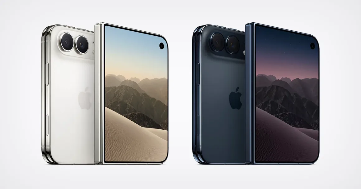 Apple iPhone Duo: İlk Katlanabilir iPhone 7,6 İnç Ekranla Geldi 22 Biri beyaz, diğeri koyu mavi iki katlanabilir akıllı telefon yan yana görülüyor; her ikisinde de çift arka kamera ve çöl manzarası gösteren açık ekran bulunuyor.