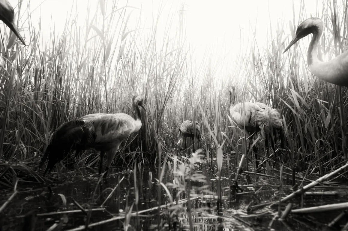 European Wildlife Photographer of the Year 2026 Kazananları Açıklandı 21 Bir grup turna, uzun sazlarla çevrili sığ bataklık suyunda siyah-beyaz bir sahnede ilerliyor.