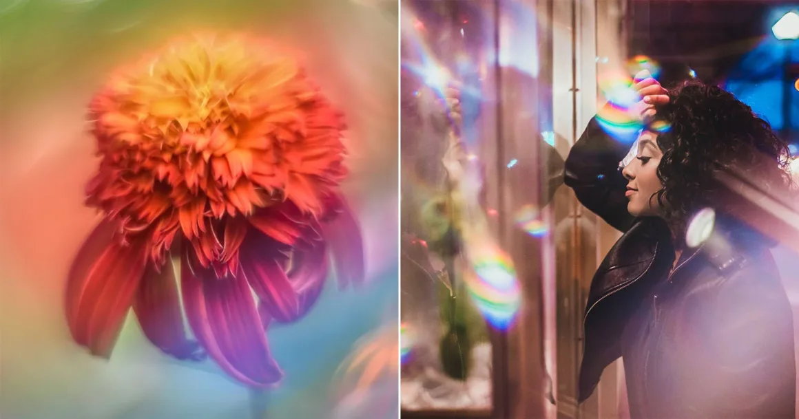 Lensbaby Omni Color II ve Omni Crystal II ile Çekim Sırasında Yaratıcı Efektler
Bölünmüş ekranda solda canlı, yumuşak odaklı turuncu bir çiçek; sağda ise gökkuşağı renkli ışık parlamalarıyla aydınlanan kıvırcık saçlı bir kadın görülüyor.