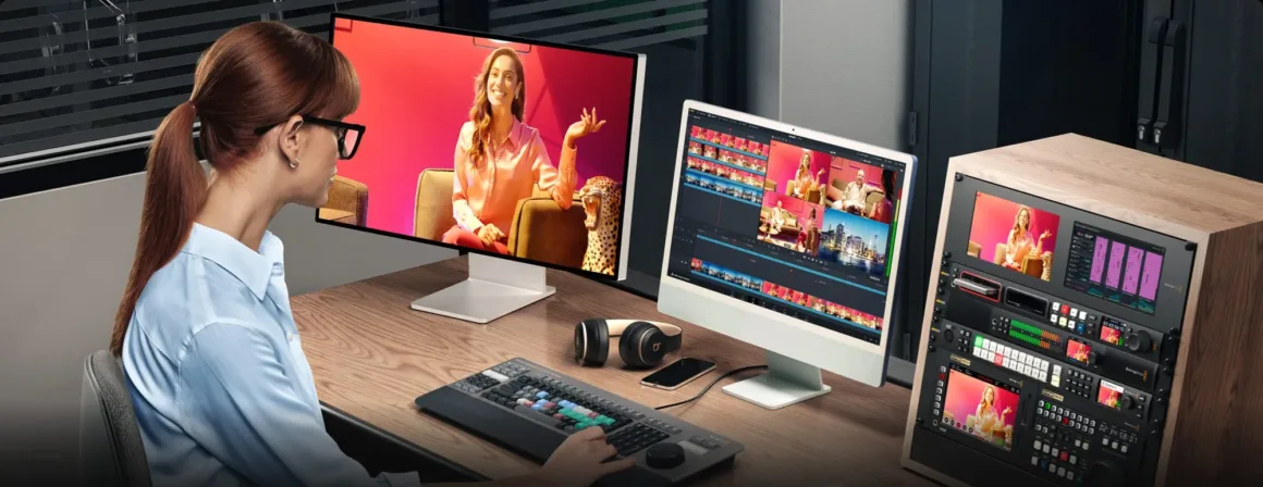 DaVinci Resolve Studio %20 İndirimde: Fiyat 236 Dolara Düştü 15 Bir kişi stüdyo ortamında çift monitör, klavye, kulaklık ve kontrol paneli kullanarak video düzenliyor.