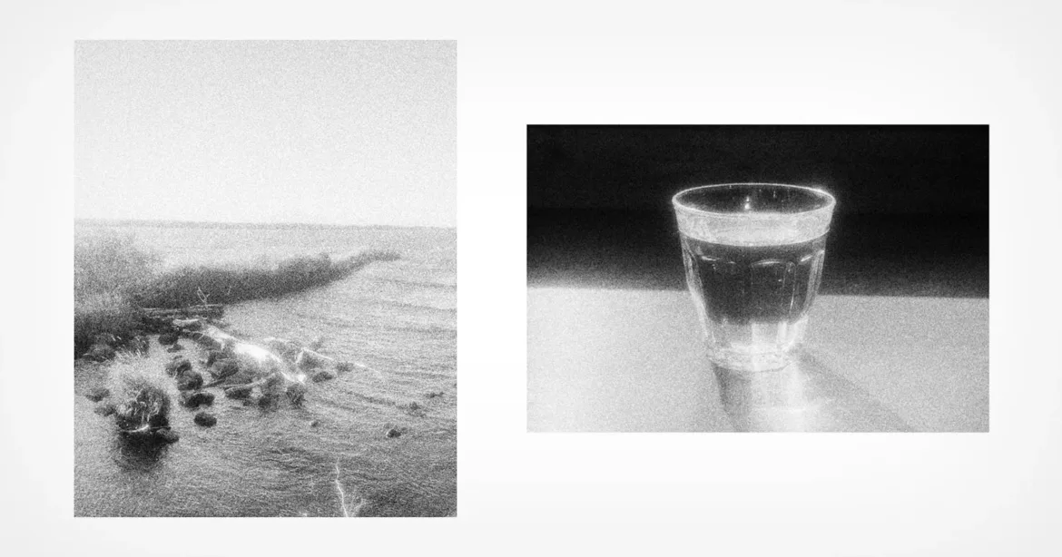 A diptych featuring a grainy, black-and-white landscape of a shoreline on the left and a glass of liquid on a table on the right.