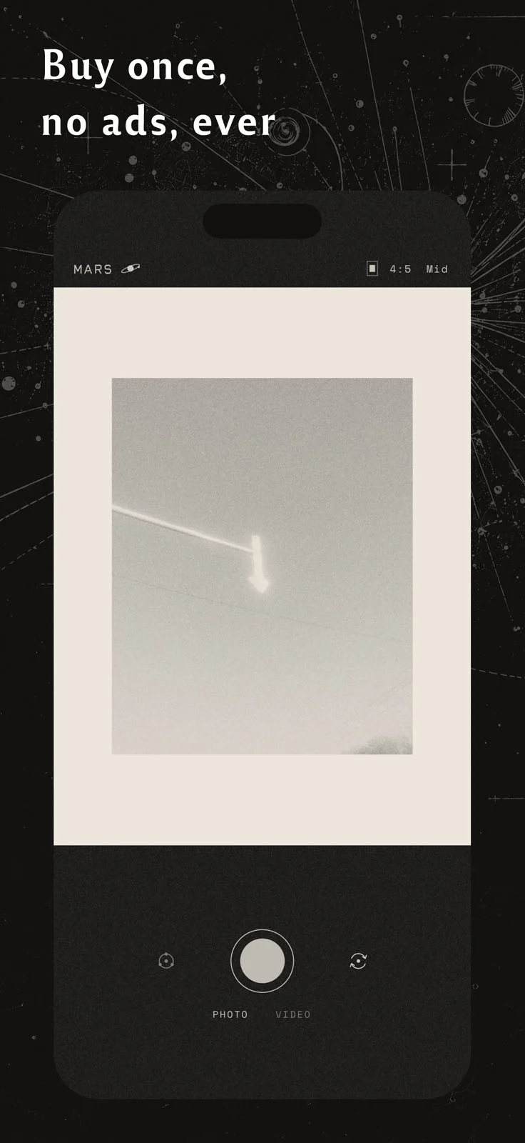 MARS: iPhone’a Analog Film Hissi Getiren Siyah-Beyaz Kamera Uygulaması 23 A smartphone screen displays a camera interface with a black-and-white photo of a street sign, overlaid with the text "Buy once, no ads, ever.