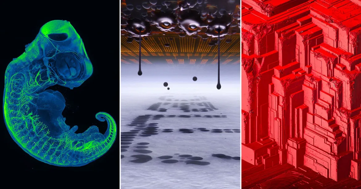 A triptych showing a glowing green zebrafish embryo, a digital rendering of dark droplets falling onto a grid, and a red geometric crystalline structure.