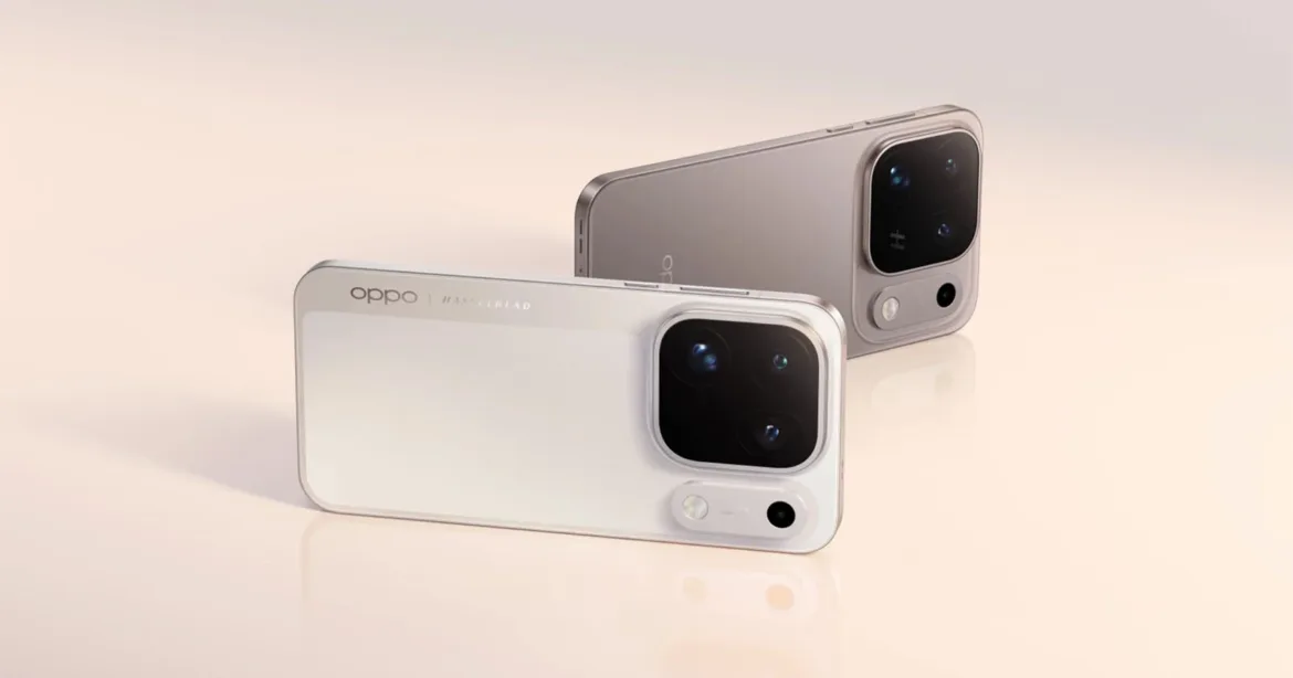Two Oppo smartphones with Hasselblad branding are displayed against a soft, light-colored background, showing their rear camera modules and metallic frames.