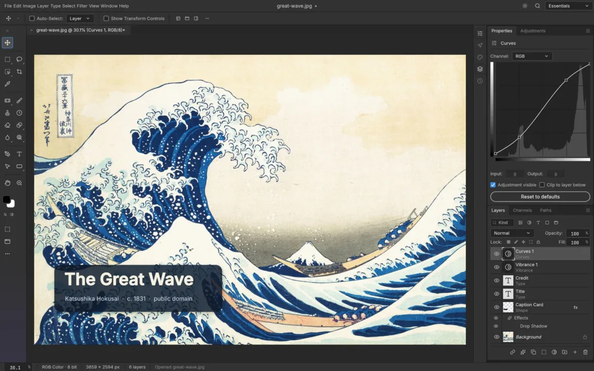 ArtCraft: Adobe Creative Cloud’a Açık Kaynak ve Ücretsiz Rakip 23 Photoshop benzeri bir arayüzde The Great Wave off Kanagawa eseri, üzerine eklenmiş metin ve yan panelde ayar katmanlarıyla birlikte gösteriliyor.