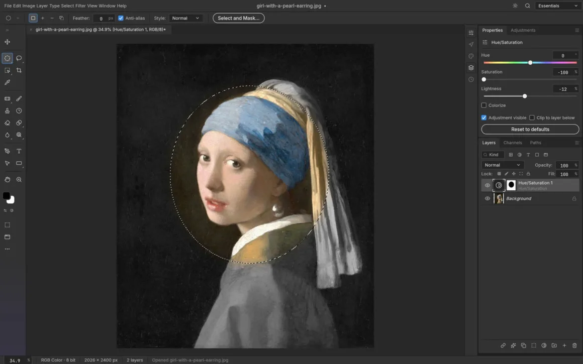 ArtCraft: Adobe Creative Cloud’a Açık Kaynak ve Ücretsiz Rakip 20 Adobe Photoshop benzeri arayüzde İnci Küpeli Kız tablosunun üzerinde eliptik seçim alanı ve seçili bölgeye uygulanmış Ton/Doygunluk ayar katmanı görülüyor.