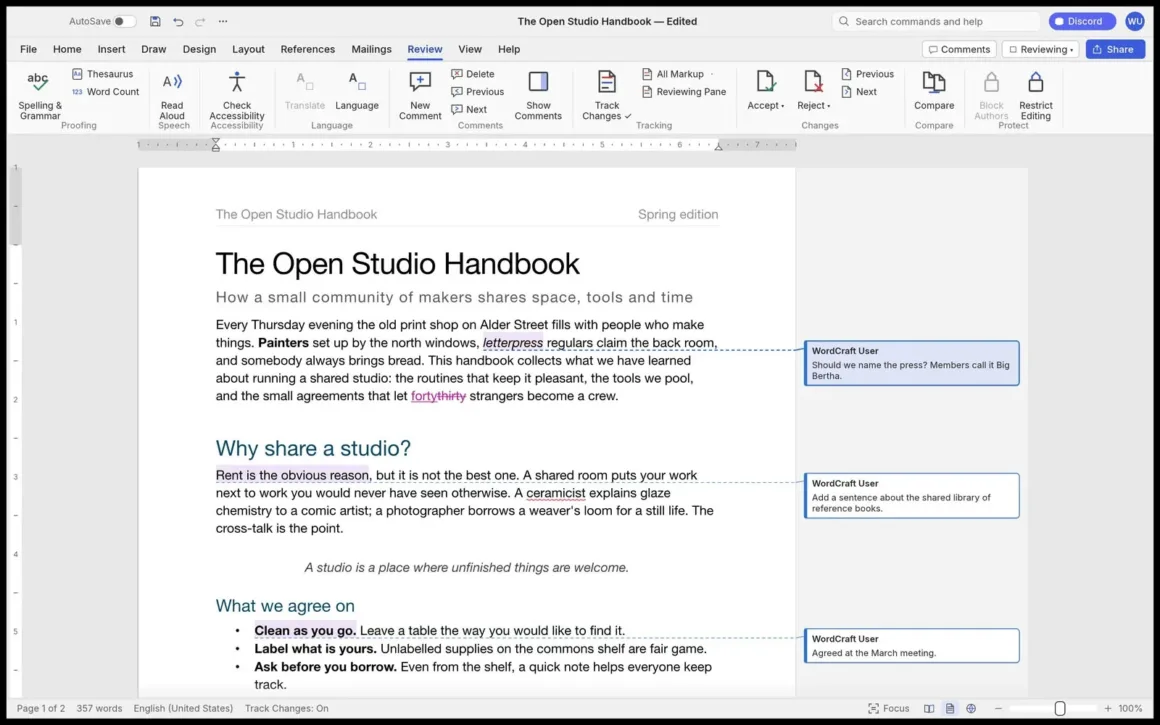 ArtCraft Bu Kez Microsoft Office’un Peşinde: WordCraft, GridCraft ve DeckCraft Geliyor 19 The Open Studio Handbook başlıklı bir Microsoft Word belgesi ve sağ kenarda WordCraft User tarafından eklenmiş üç yorum görülüyor.