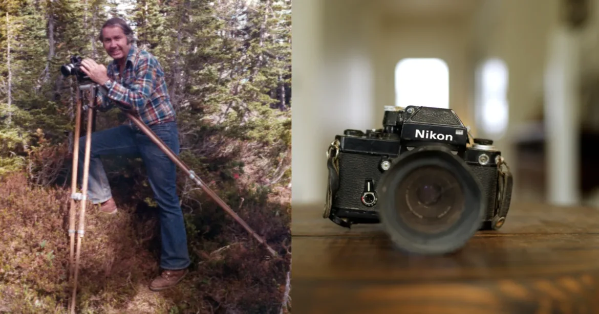 A split image showing a man in a plaid shirt posing with a camera on a tripod in a forest next to a close-up of a Nikon camera.
