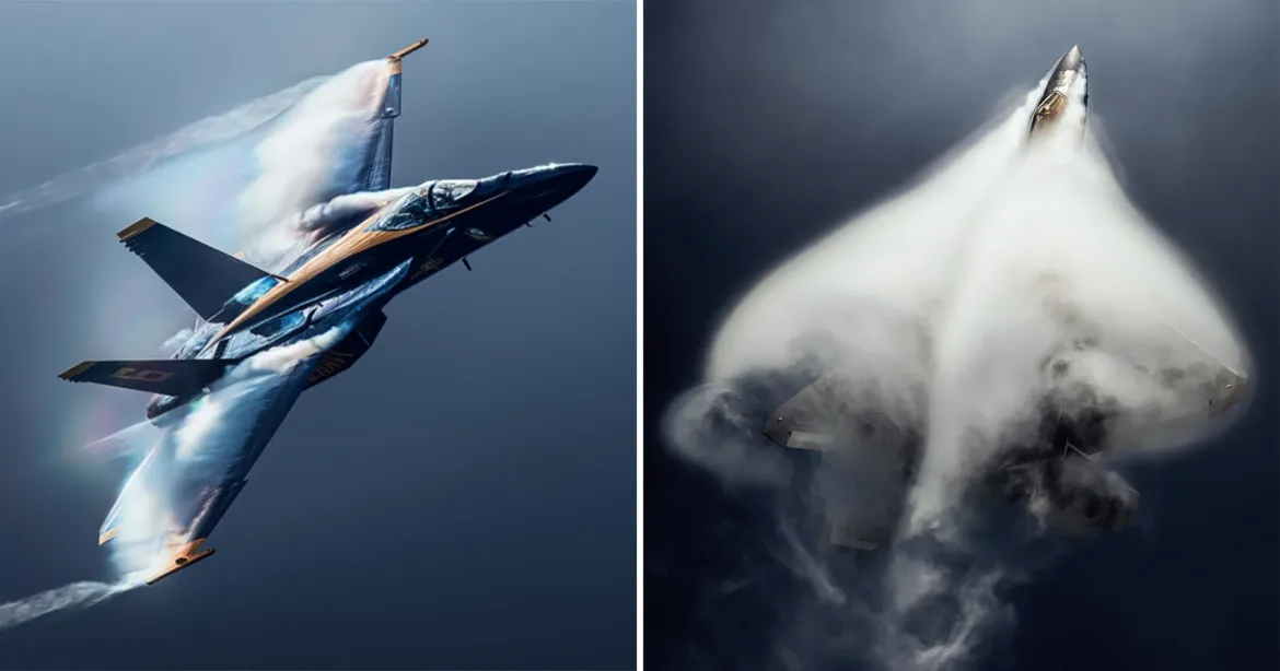 Two fighter jets in flight, each surrounded by a large vapor cloud caused by high-speed maneuvers.