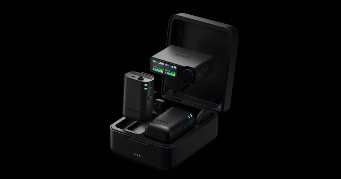 A Sony wireless microphone system with two transmitters and a receiver inside an open black charging case against a black background.