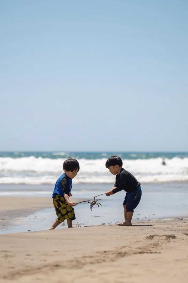 74. Nikkor Photo Contest Kazananları Açıklandı 32 Two young children stand on a sandy beach, using sticks to interact with a crab between them near the ocean surf.
